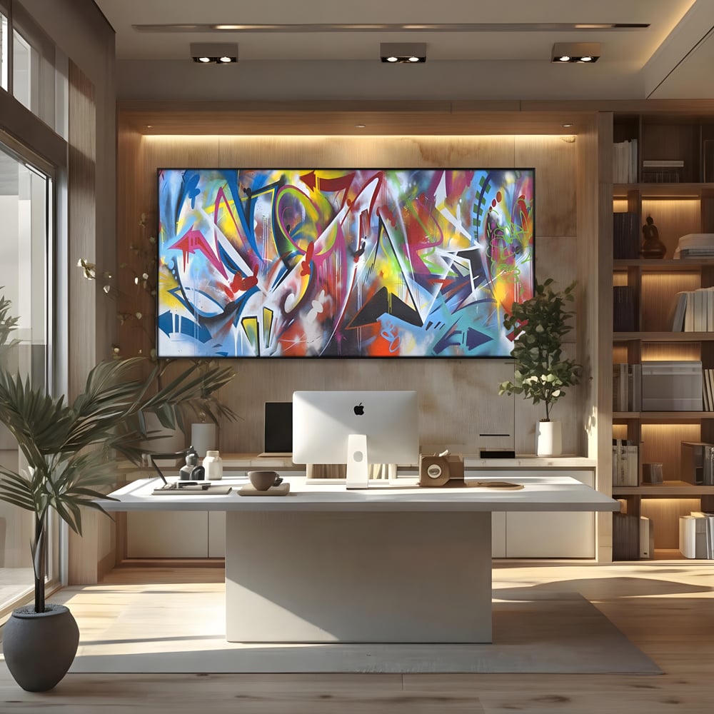 Tablou canvas cu tablou canvas cu arta graffiti colorata, in rama de aluminiu negru, pe perete intr-un birou
